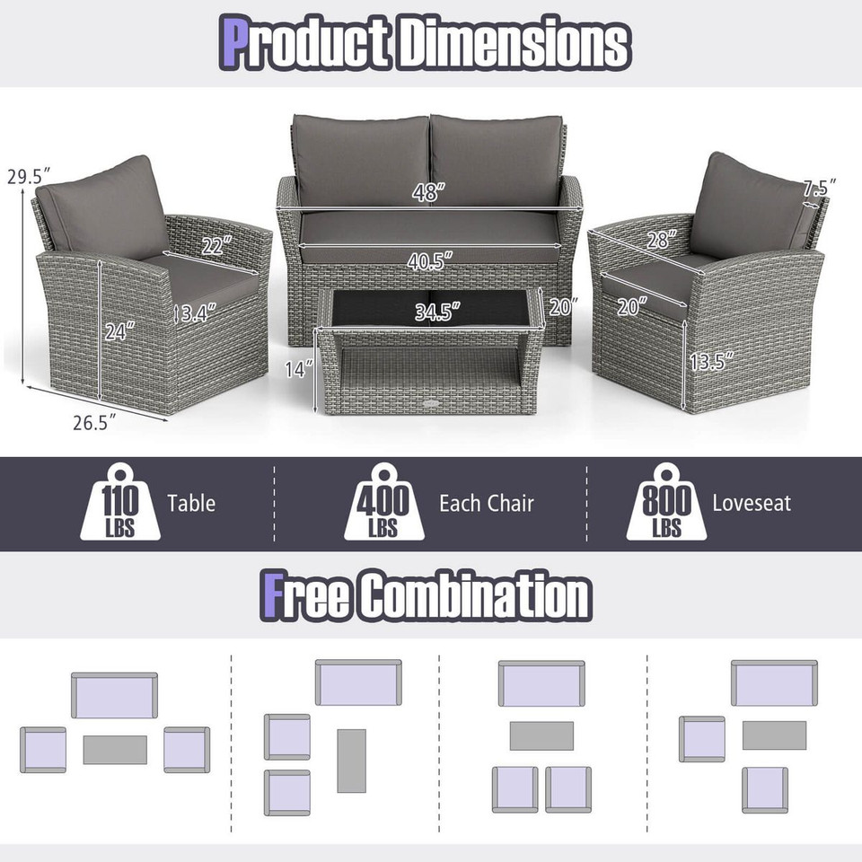4-Piece Patio Furniture Set with 2 Rattan Chairs and Coffee Table product image