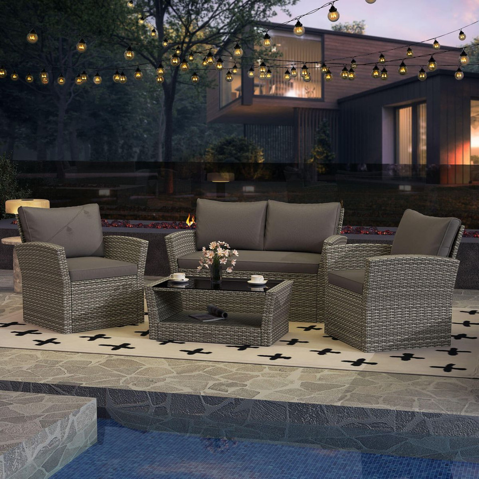 4-Piece Patio Furniture Set with 2 Rattan Chairs and Coffee Table product image