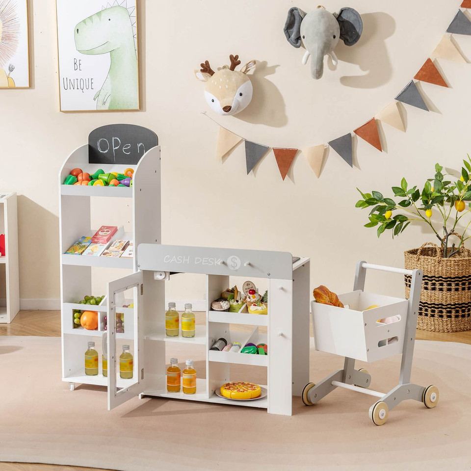 Kids Grocery Store Playset With Shopping Cart And Chalkboard product image