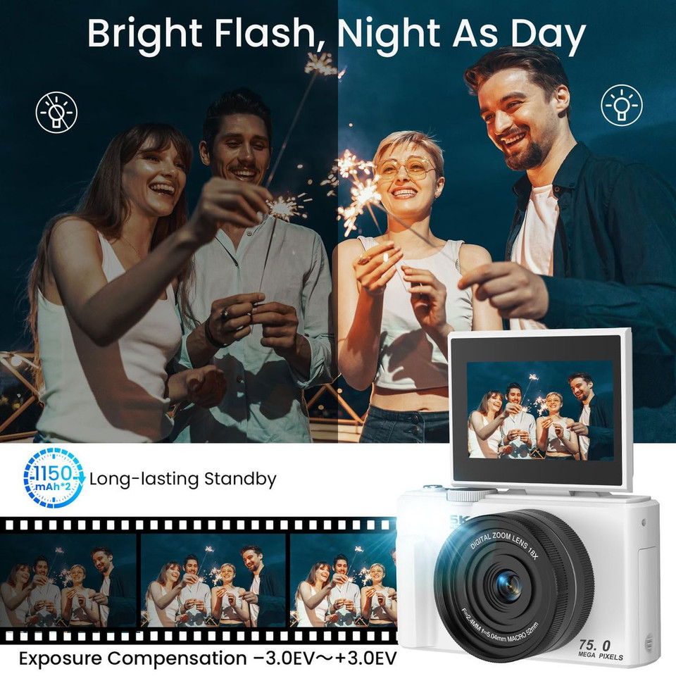 75MP Digital Camera 5K Video Vlogging YouTube Photography Flip Screen 18X Zoom Gift for Teens Color White With Dual Batteries product image