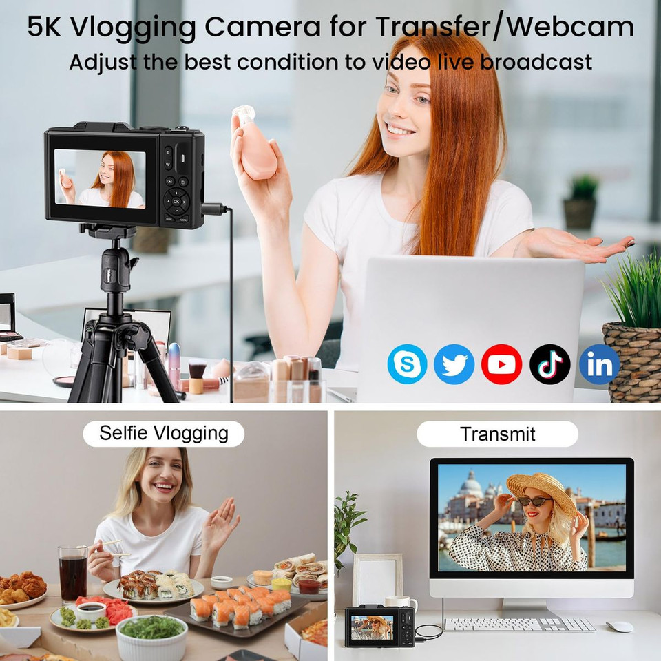 75MP Digital Camera 5K Video Vlogging YouTube Photography Flip Screen 18X Zoom Gift for Teens Color Black With Dual Batteries product image