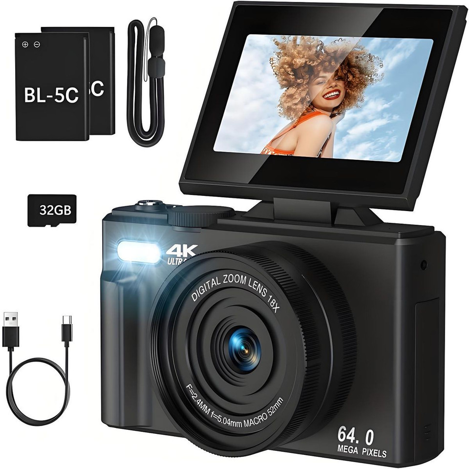 64MP Digital Camera 4K Video Vlogging YouTube Photography Flip Screen 18X Zoom Gift for Teens Color Black With Dual Batteries product image