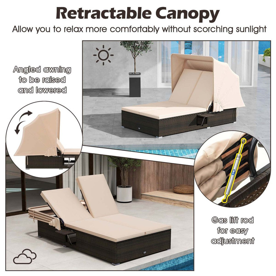 2-Person Rattan Lounge Bed with Retractable Canopy  product image