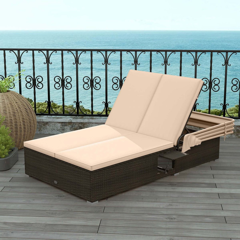 2-Person Rattan Lounge Bed with Retractable Canopy  product image