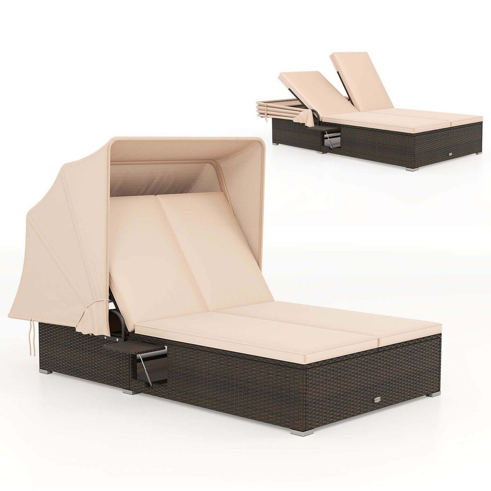 2-Person Rattan Lounge Bed with Retractable Canopy  product image