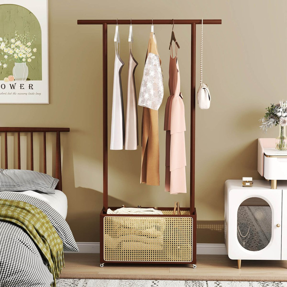 Bamboo Rolling Clothes Rack with Rattan Storage Basket product image
