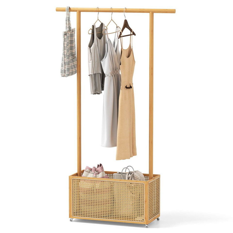 Bamboo Rolling Clothes Rack with Rattan Storage Basket product image