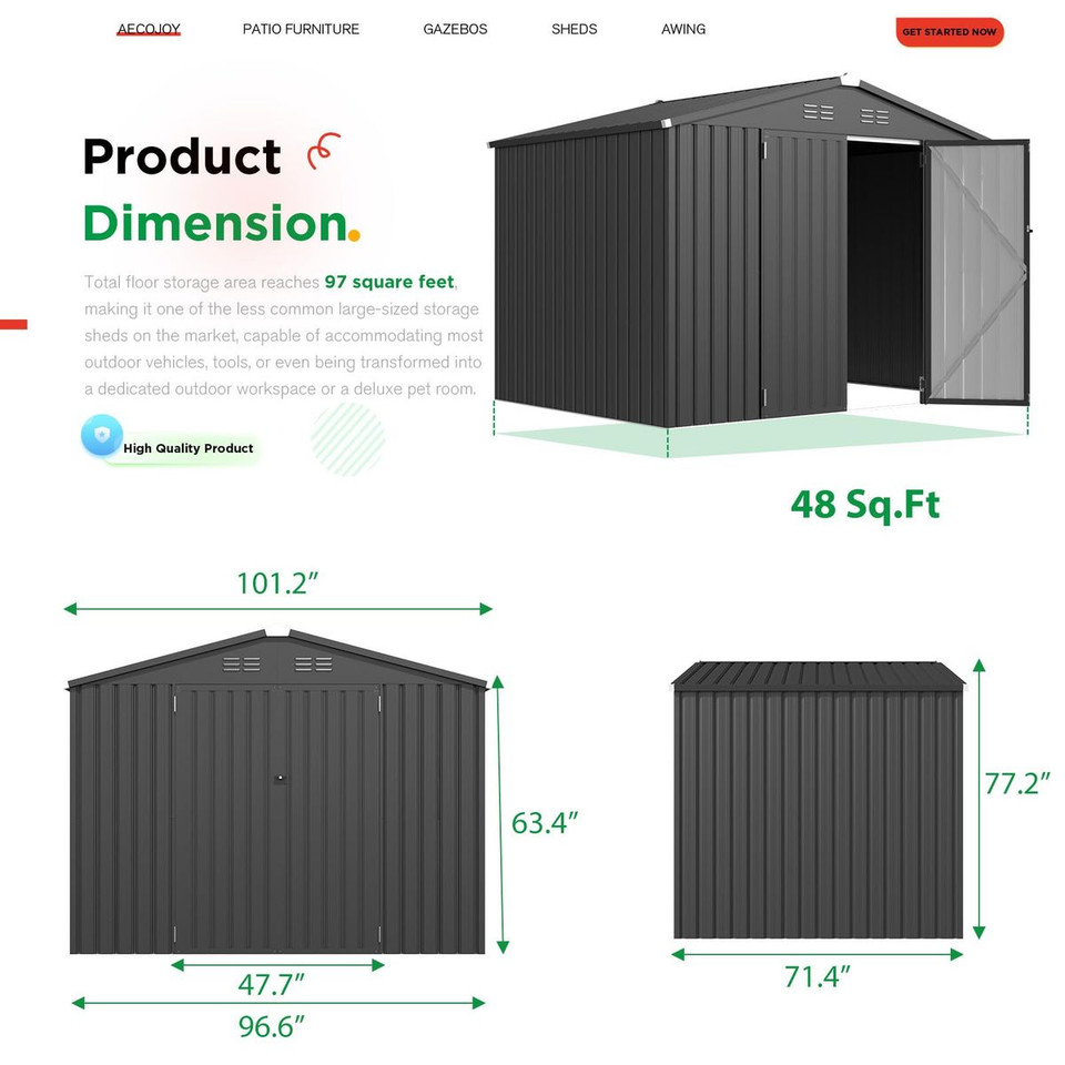 8' x 6' Metal Outdoor Lockable Storage Shed product image