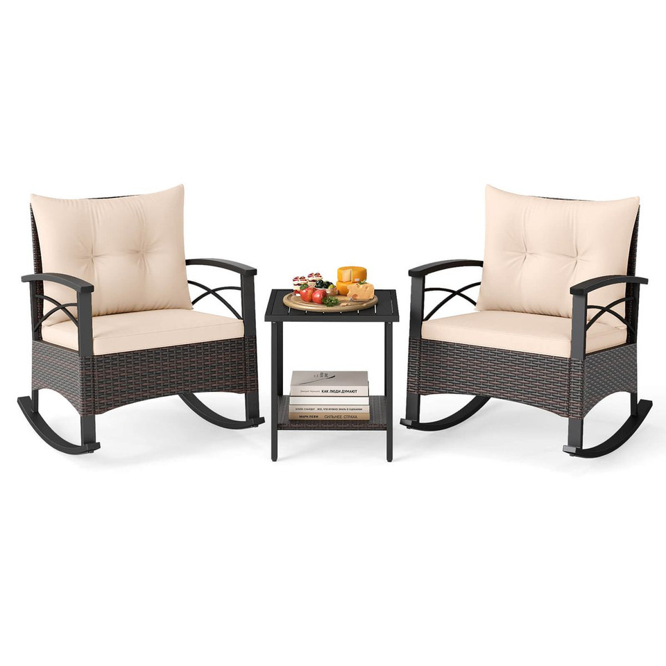 3-Piece Rattan Rocking Chair Set with 2-Tier Side Table product image