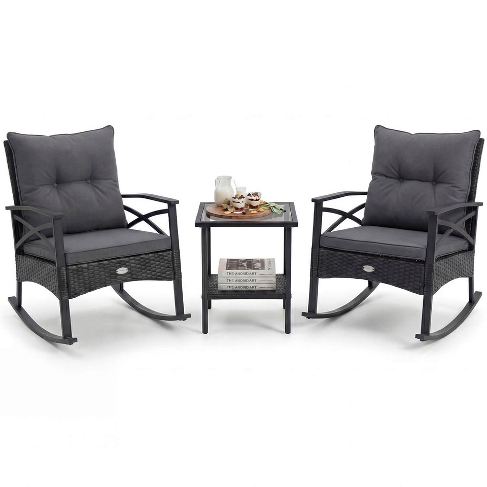 3-Piece Rattan Rocking Chair Set with 2-Tier Side Table product image