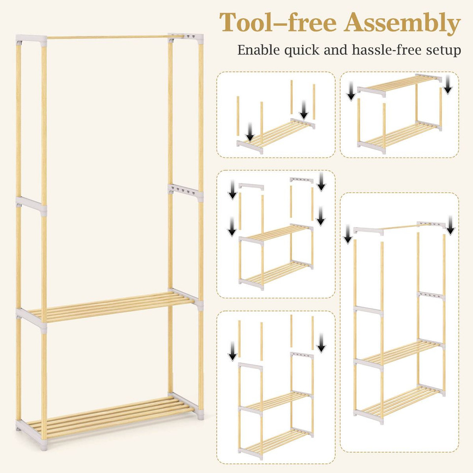 Pine Wood Clothes Rack with 2-Tier Open Storage Shelf product image