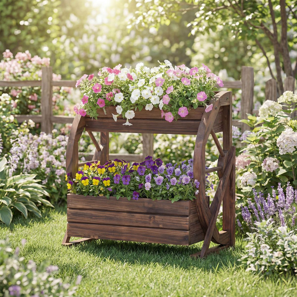 2-Tier Rustic Wood Wagon Planter with Drainage Hole product image