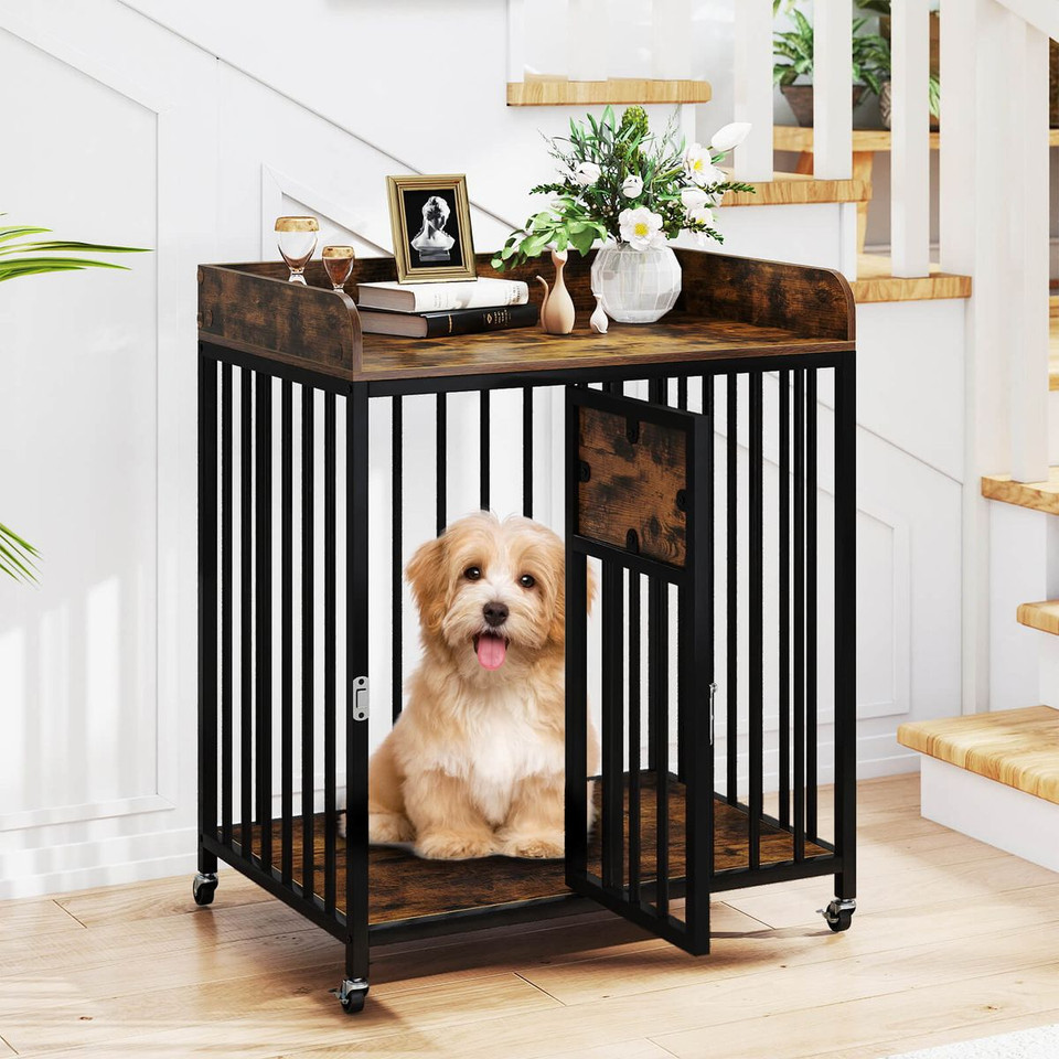 Dog Crate Furniture with Protective Guardrails and Lockable Door product image