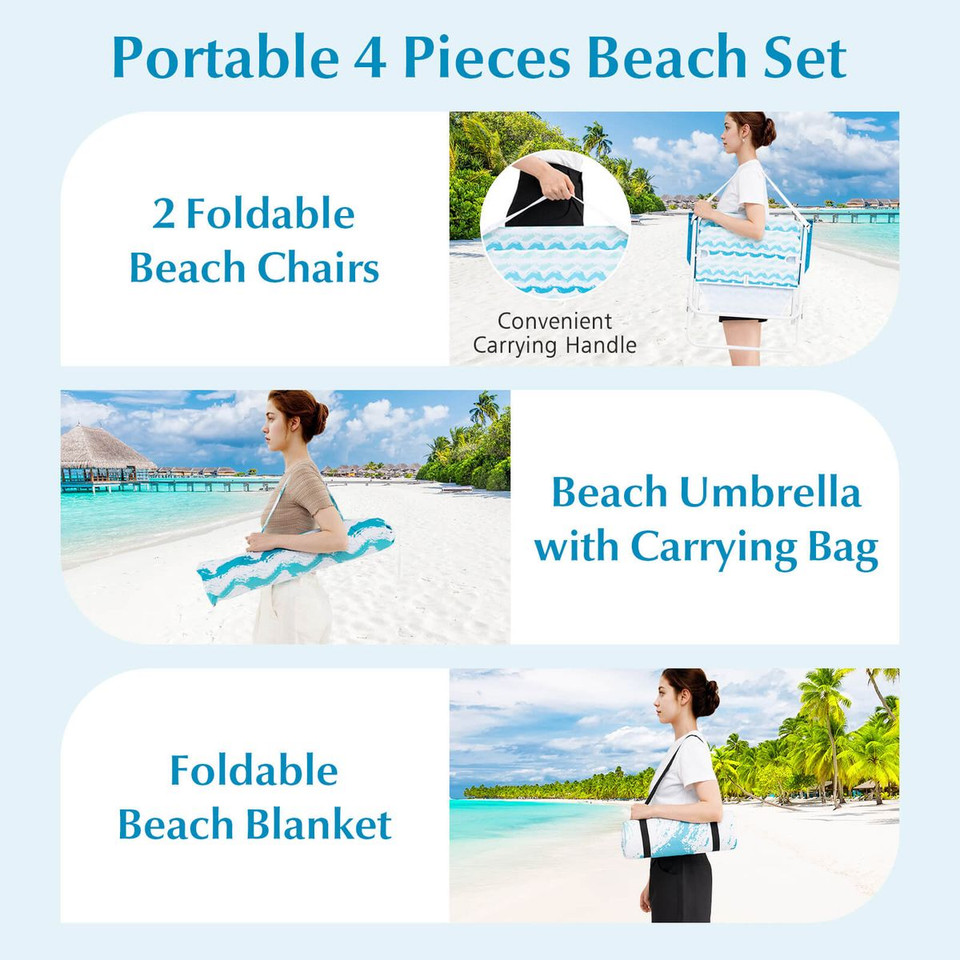 4-Piece Beach Umbrella Set with 2 Chairs and Picnic Blanket product image