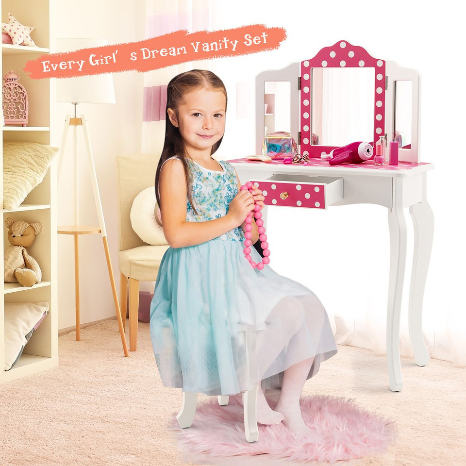 Kids Vanity Set  with Stool and Tri-Folding Mirror product image