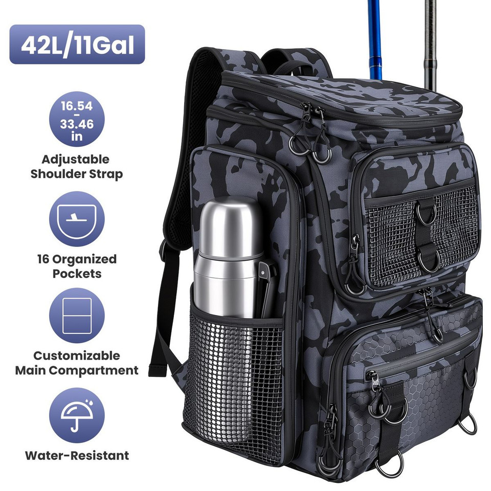 Fishing Backpack with Rod Holders and Multi‑Pocket Tackle Storage product image