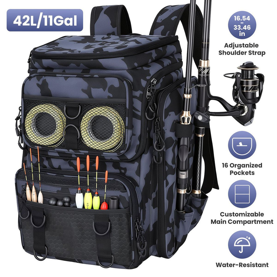 Fishing Backpack with Rod Holders and Multi‑Pocket Tackle Storage product image