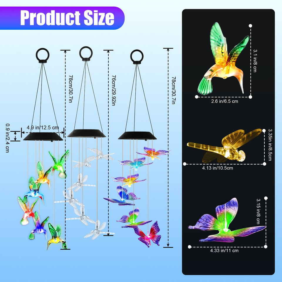 LED Solar Hummingbird, Butterfly, Dragonfly Wind Chimes (3-Pack) product image