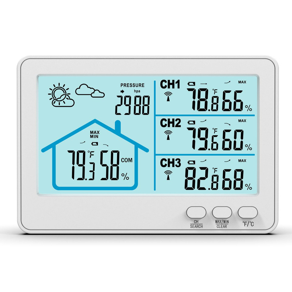 Indoor Outdoor Thermometer Wireless, 5 Inch Display Digital Hygrometer Thermometer Monitor with Sensor and Weather Station, White product image