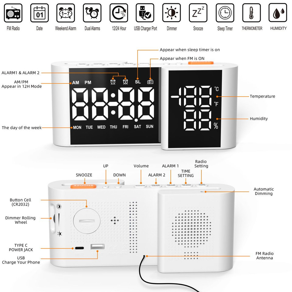 Dual Screen LED Digital Alarm Clock with FM Radio Temperature and Humidity Display product image
