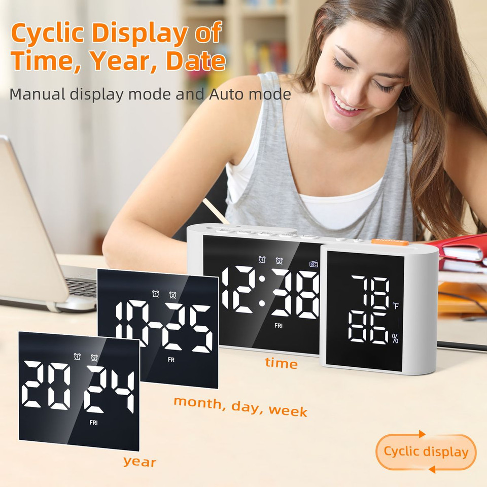 Dual Screen LED Digital Alarm Clock with FM Radio Temperature and Humidity Display product image