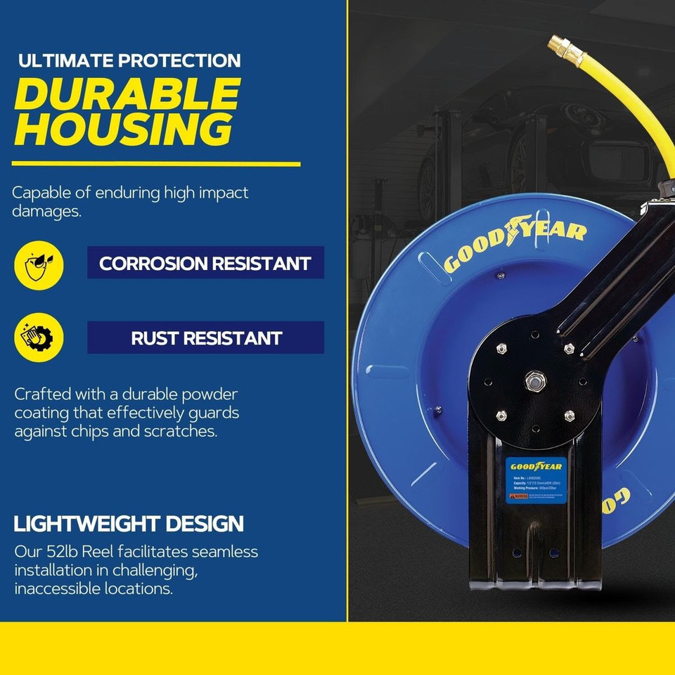 Goodyear Air Hose Reel - 1/2" x 65' Ft, 300 PSI Max, 1/4" NPT Connections product image