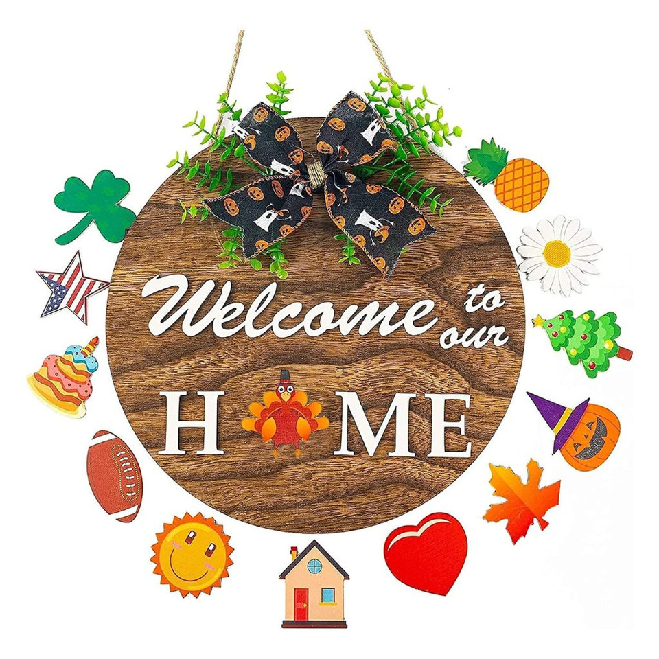 Round Seasonal Hanging Wooden Door Sign product image