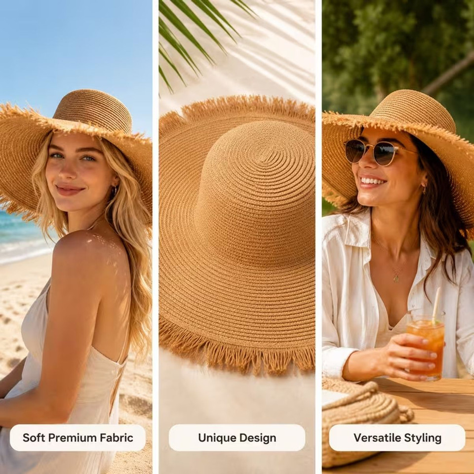 Extra Wide Brim Fringe Straw Sun Hat product image