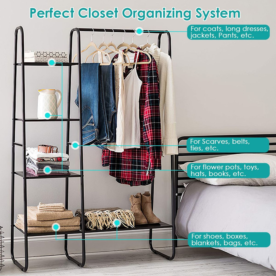 Metal Garment Rack with Hanging Rod and 5 Mesh Shelves product image