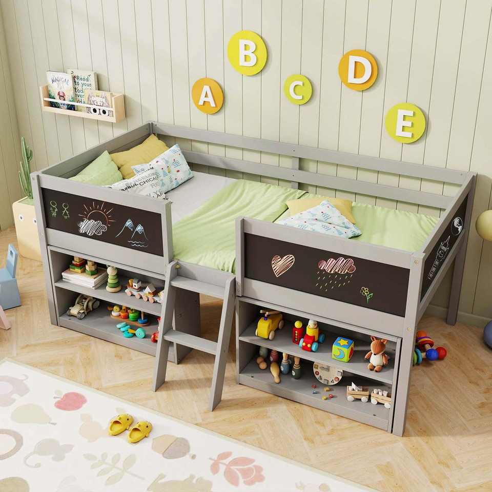 Twin Size Low Loft Bed with Ramp Ladder and Bookcases product image