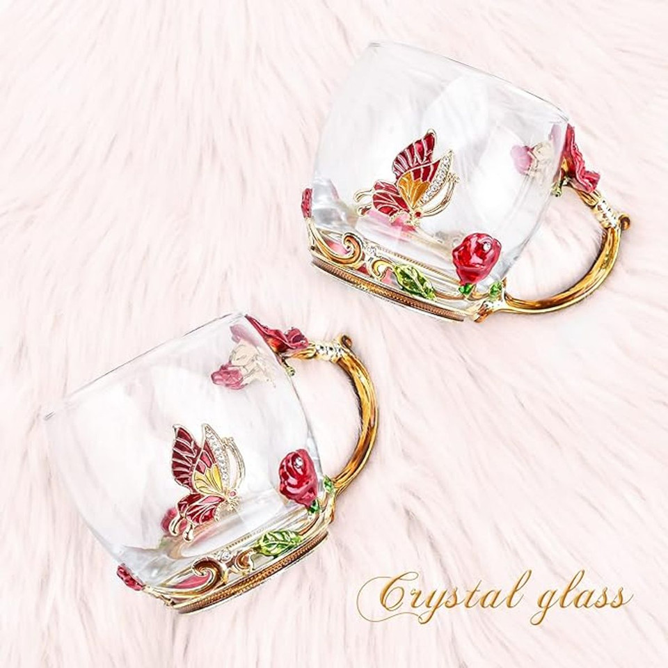 3D Enamel Rose Glass Cup with Exquisite Handle And Spoon product image