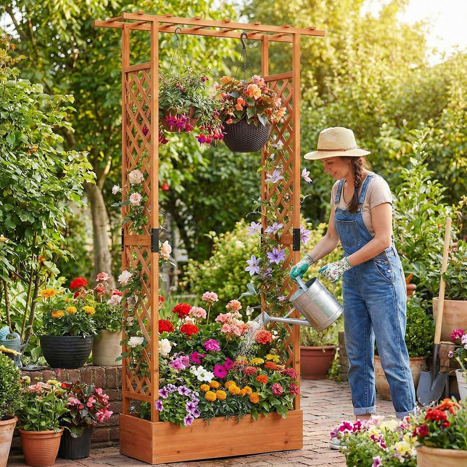 89” Wooden Raised Garden Bed with Trellis and Detachable Bottom Panels product image