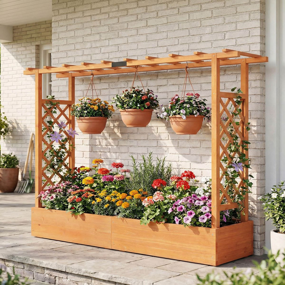 Wooden Raised Garden Bed with Trellis and Hanging Roof product image