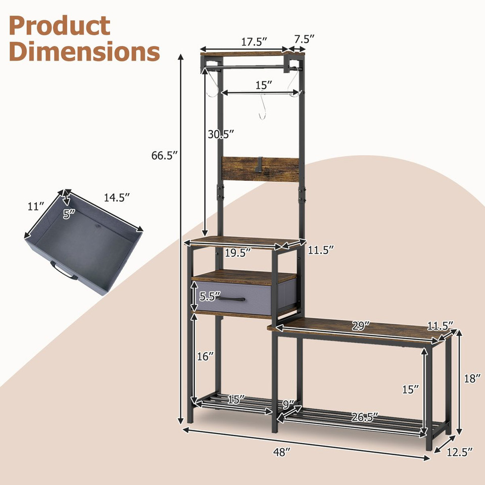 7-in-1 Hall Tree with Shoe Bench product image