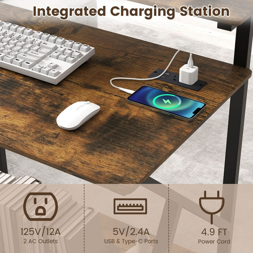 Rolling Computer Desk with Charging Station and Open Storage Shelf product image
