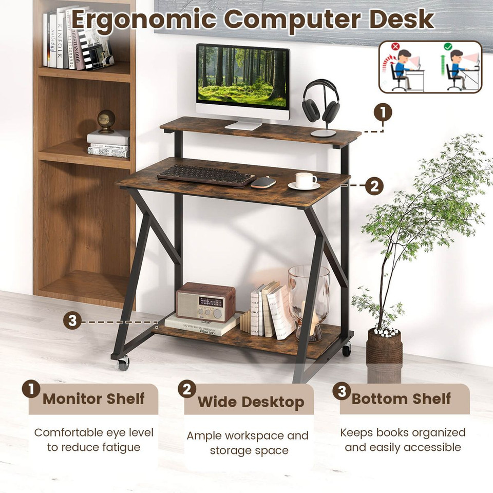 Rolling Computer Desk with Charging Station and Open Storage Shelf product image