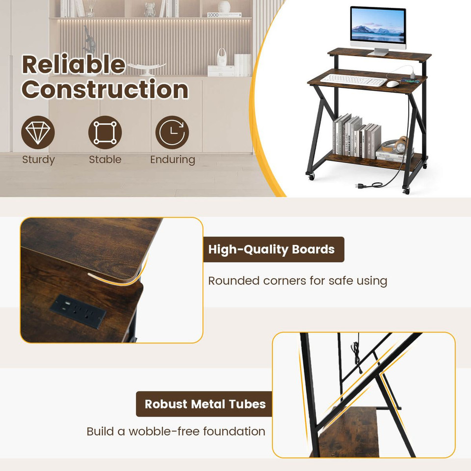 Rolling Computer Desk with Charging Station and Open Storage Shelf product image