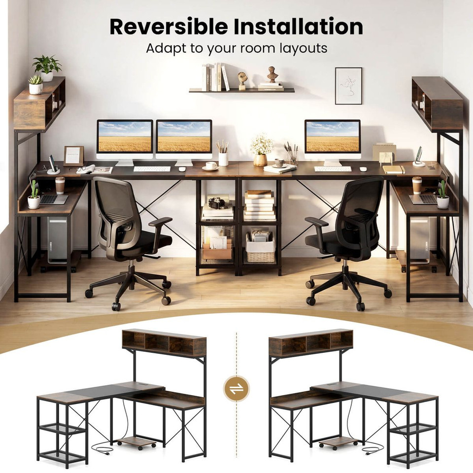  L-Shaped Computer Desk with Power Outlets and 2 Metal Mesh Shelves product image