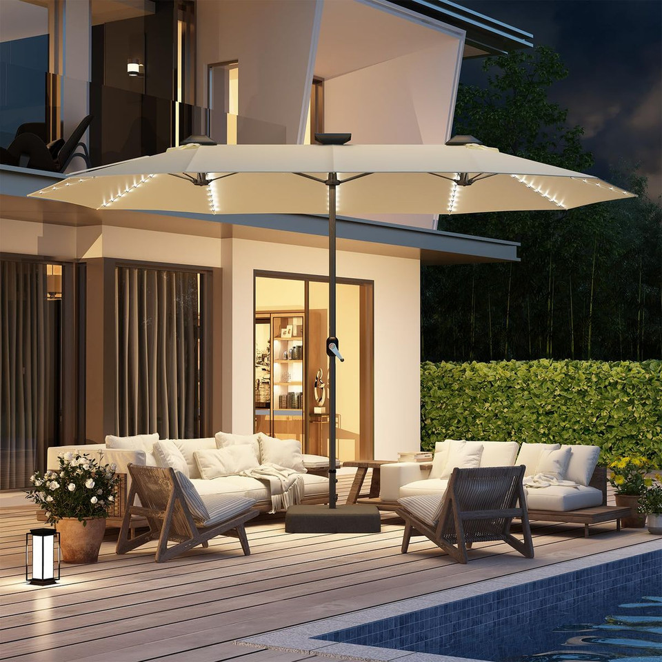 15ft Double-Sided Patio Umbrella with Solar Lights and Base Included product image