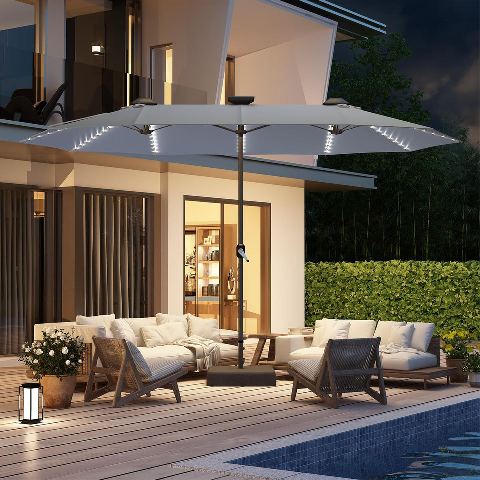 15ft Double-Sided Patio Umbrella with Solar Lights and Base Included product image