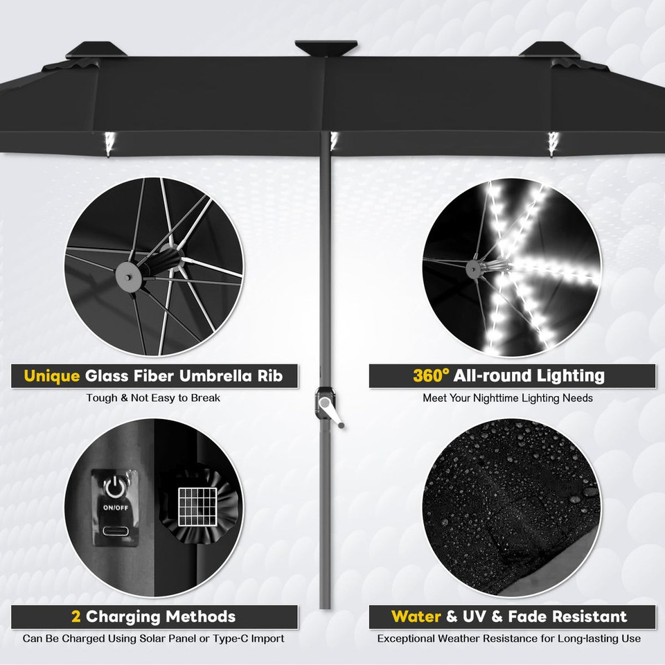 15ft Double-Sided Patio Umbrella with Solar Lights and Base Included product image