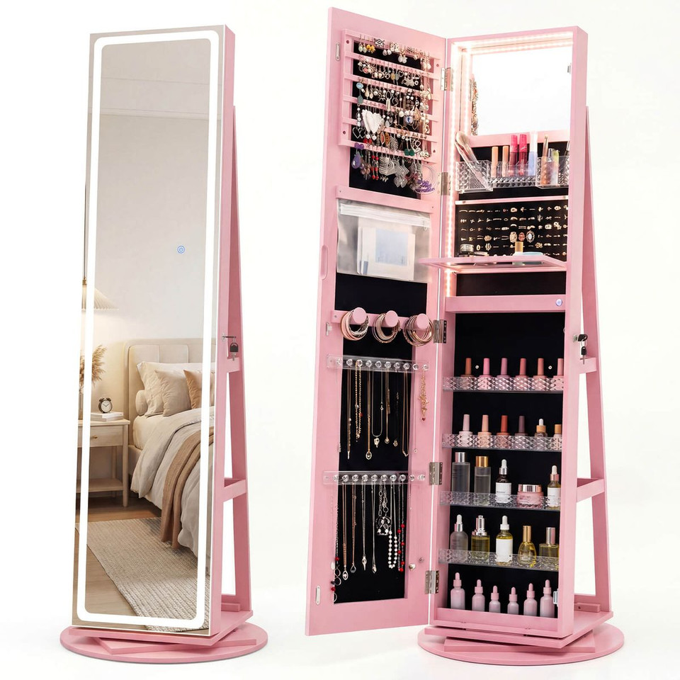 360° Swivel Jewelry Cabinet with LED Lights and Full-Length Mirror product image