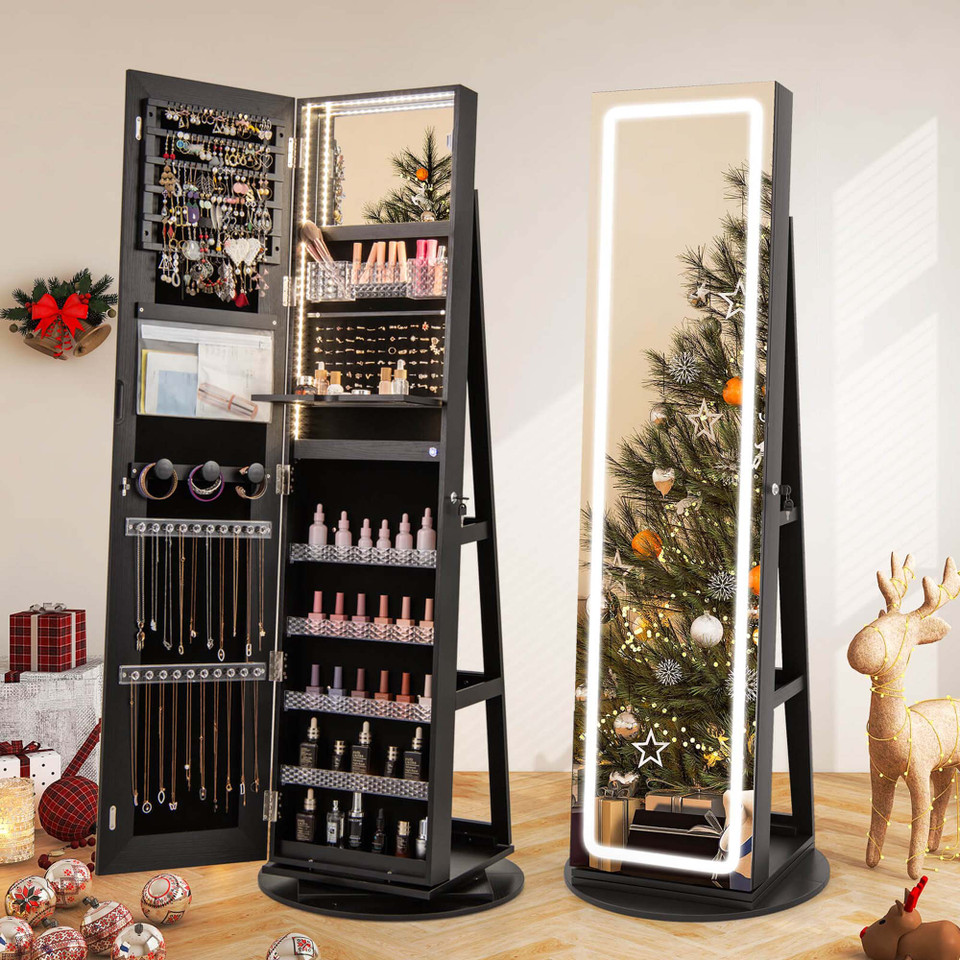 360° Swivel Jewelry Cabinet with LED Lights and Full-Length Mirror product image