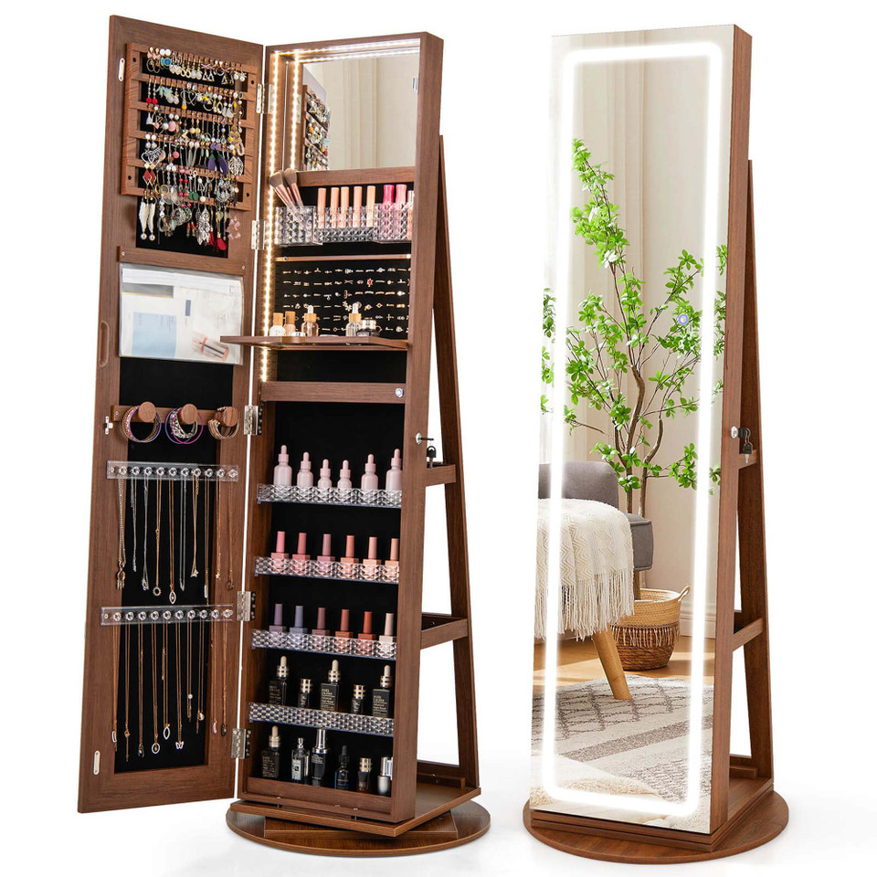 360° Swivel Jewelry Cabinet with LED Lights and Full-Length Mirror product image