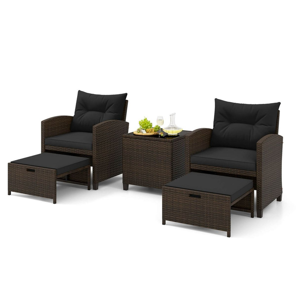 5-Piece Patio Rattan Furniture Set with 2 Ottomans and Tempered Glass  product image