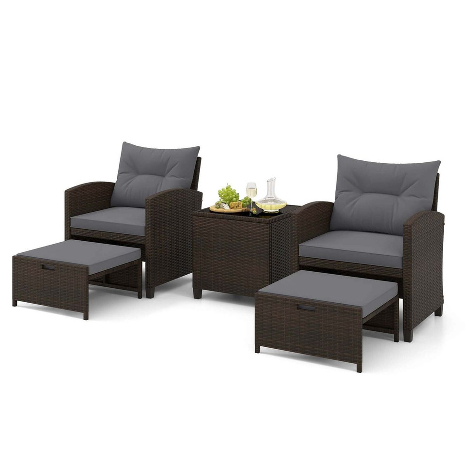 5-Piece Patio Rattan Furniture Set with 2 Ottomans and Tempered Glass  product image