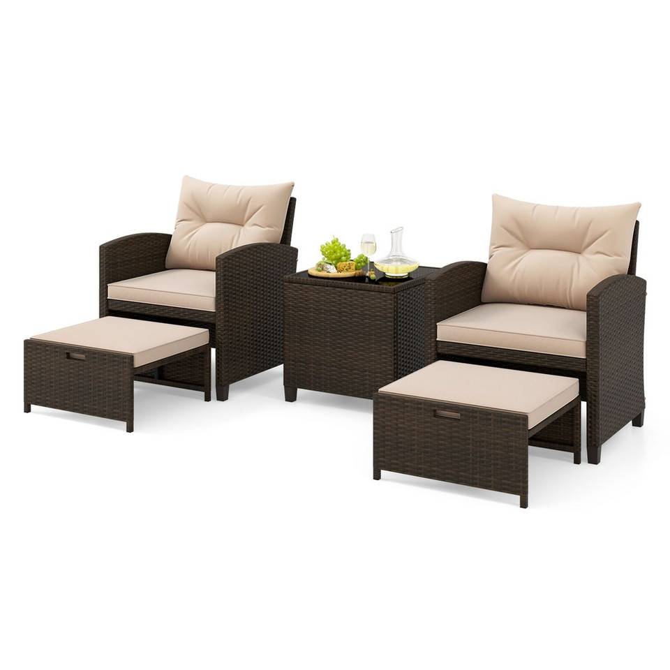 5-Piece Patio Rattan Furniture Set with 2 Ottomans and Tempered Glass  product image