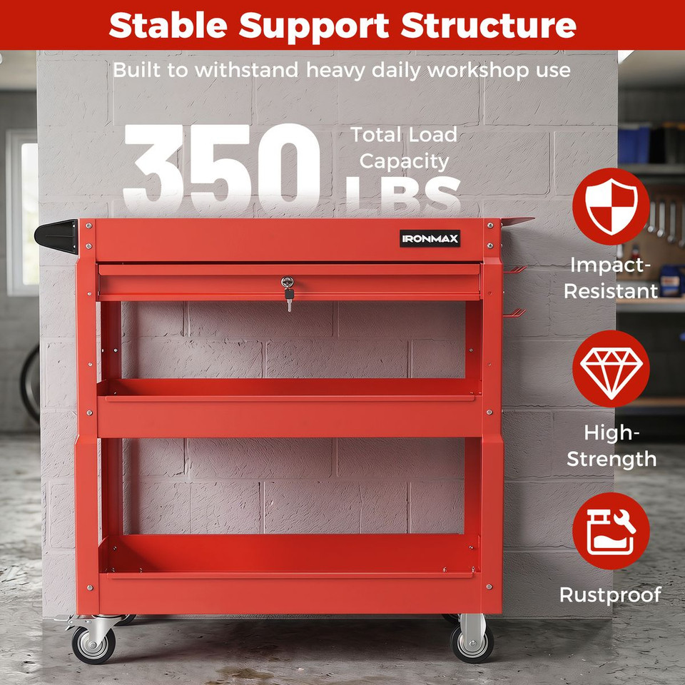 Ironmax 3 Tier Rolling Tool Cart with Lockable Drawer product image