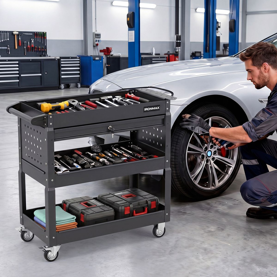Ironmax 3 Tier Rolling Tool Cart with Lockable Drawer product image