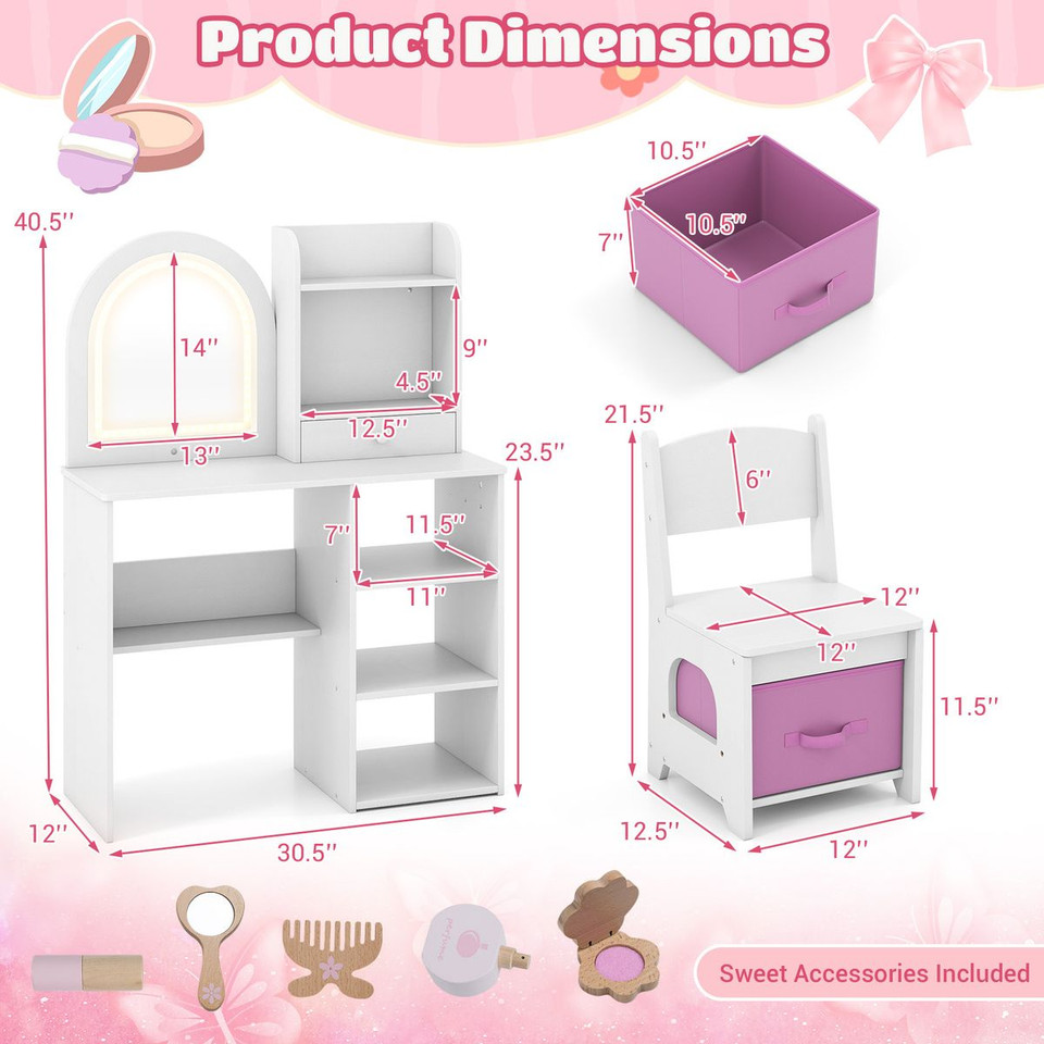 Princess Girls Makeup Vanity Desk with 3-Color LED Lighted Mirror product image